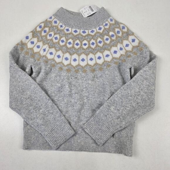 crewcuts Sweater Girls Small 6-7 Gray Fair Isle Mock Neck Merino Blend Metallic - Picture 2 of 11